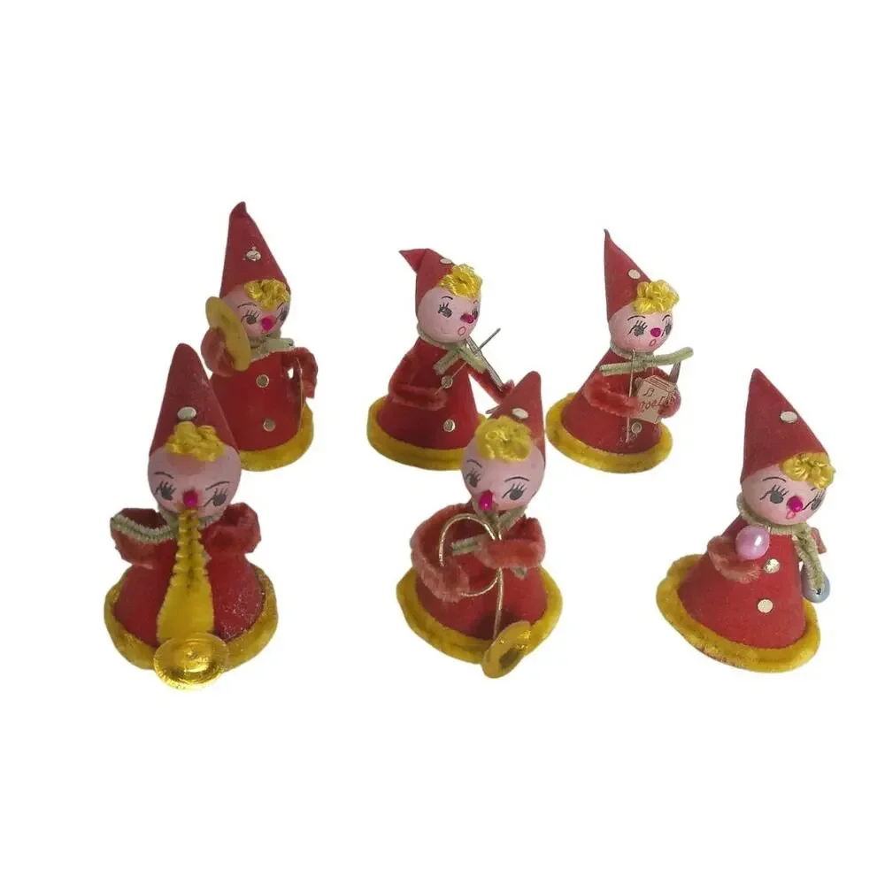 Vintage Shiny Brite Christmas Pixie Band Musical Ornaments Japan Elf Set Of 6